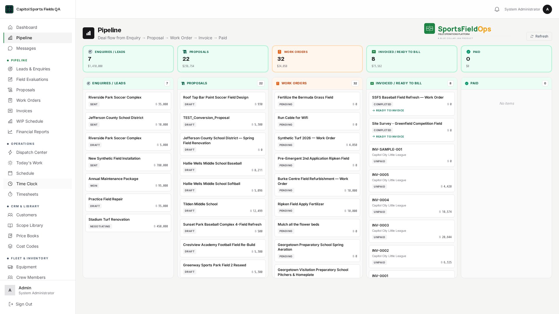 Sales pipeline board with drag-and-drop deal cards across stages