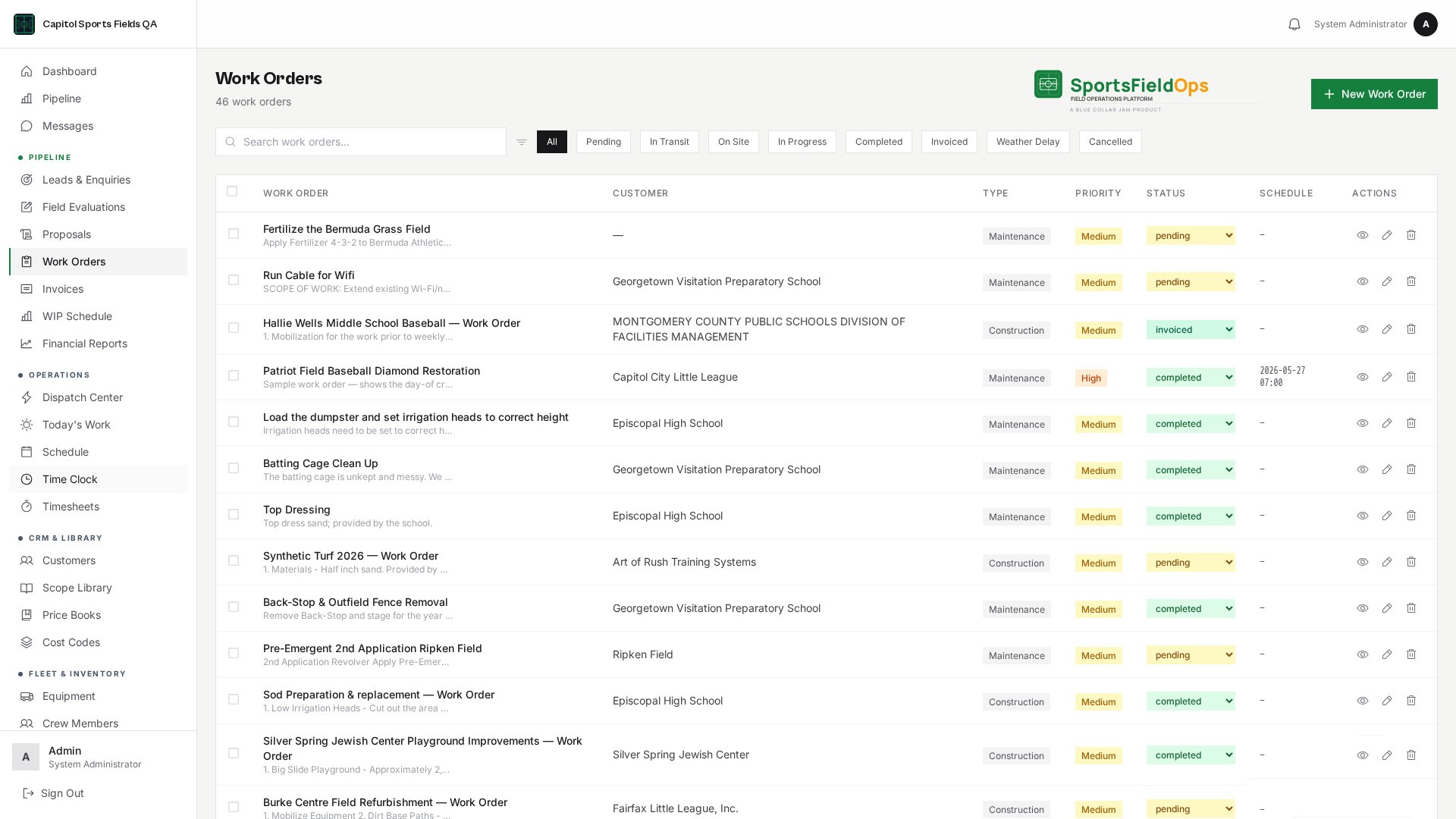 Work orders list filterable by crew, customer and date